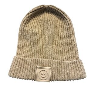 Ribbed Knit Beanie Hat - Tan Smiley Face Patch - Warm Winter‎ Casual